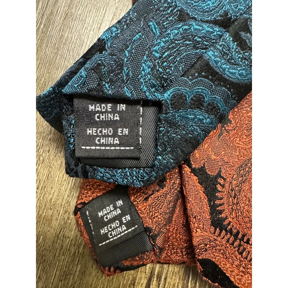 J. Ferrar Dragon Jacquard Necktie‎ Set Teal & Orange Woven Silk-Look Ties 2pc
